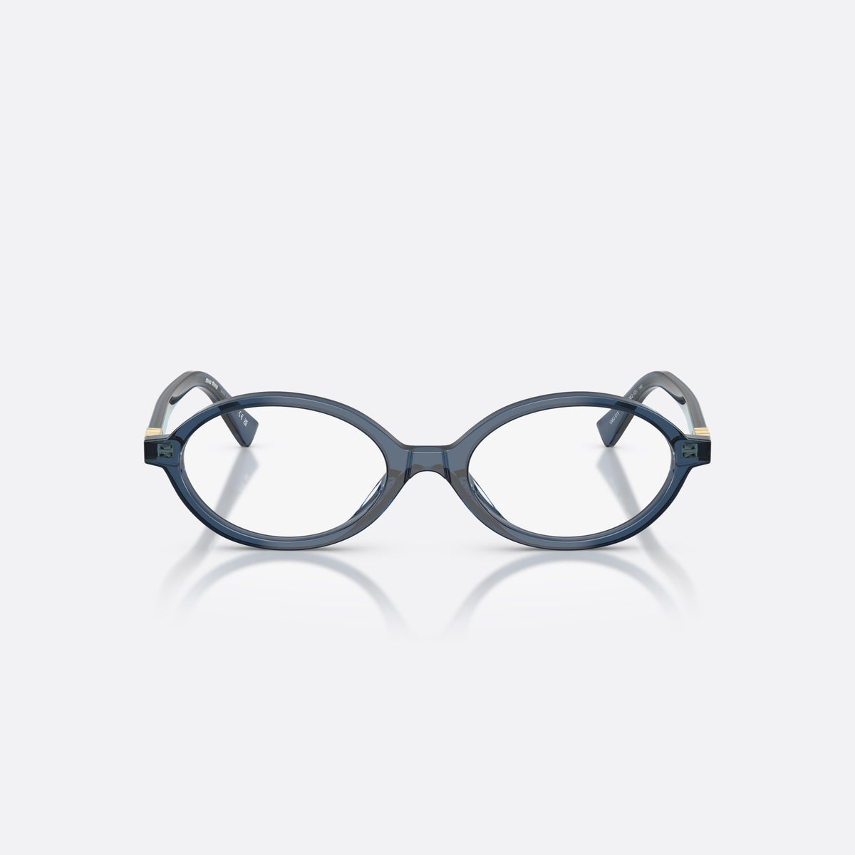 Miu Miu MU 01XV 08Q1O1 eyeglasses, blue oval frame for women, integrated bridge with thick acetate, slim tapered temples, front view