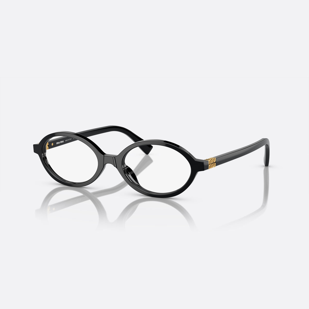 Miu Miu MU 01XV 1AB-1O1 E eyeglasses, black oval frame for women, plain integrated bridge, brand lettering on temples