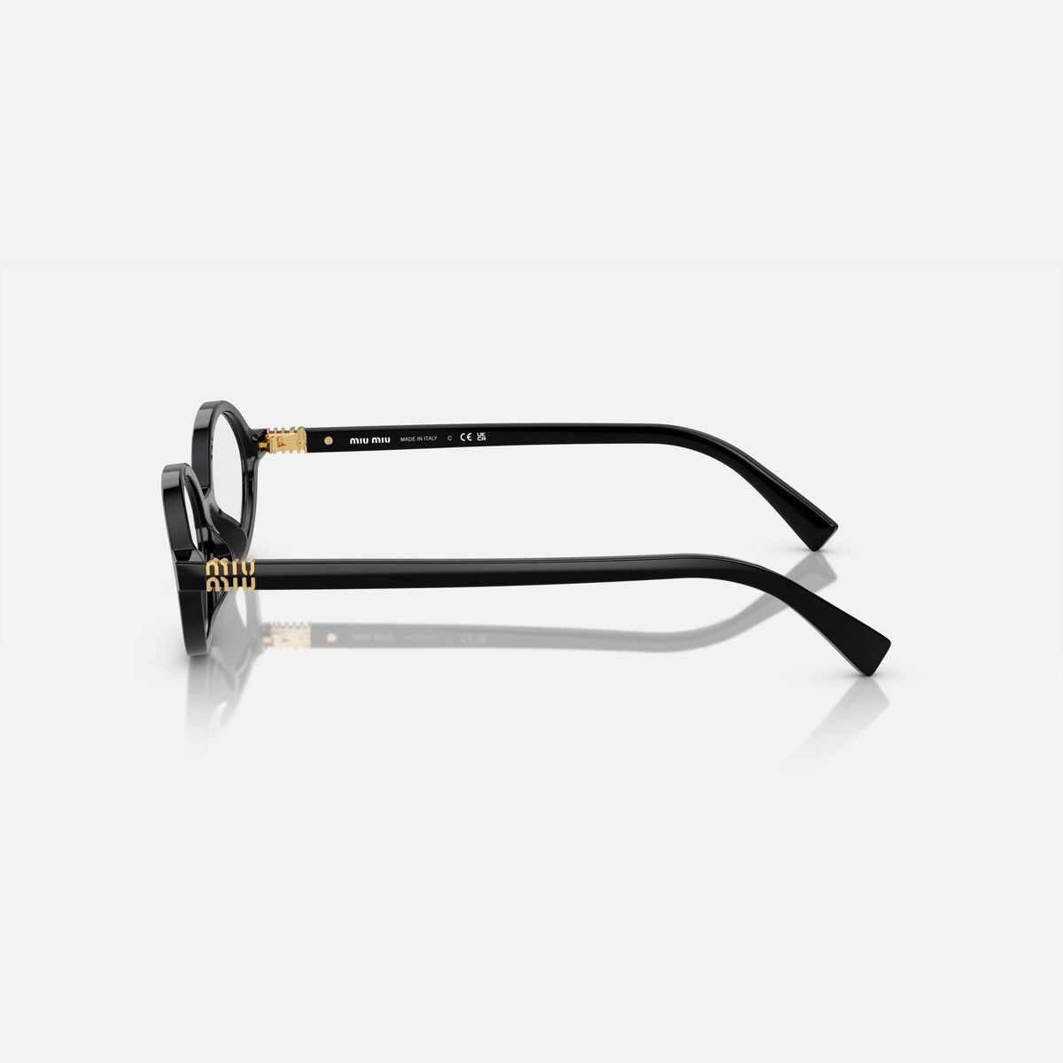 Miu Miu MU 01XV 1AB-1O1 E eyeglasses, black oval frame for women, plain integrated bridge, brand lettering on temples