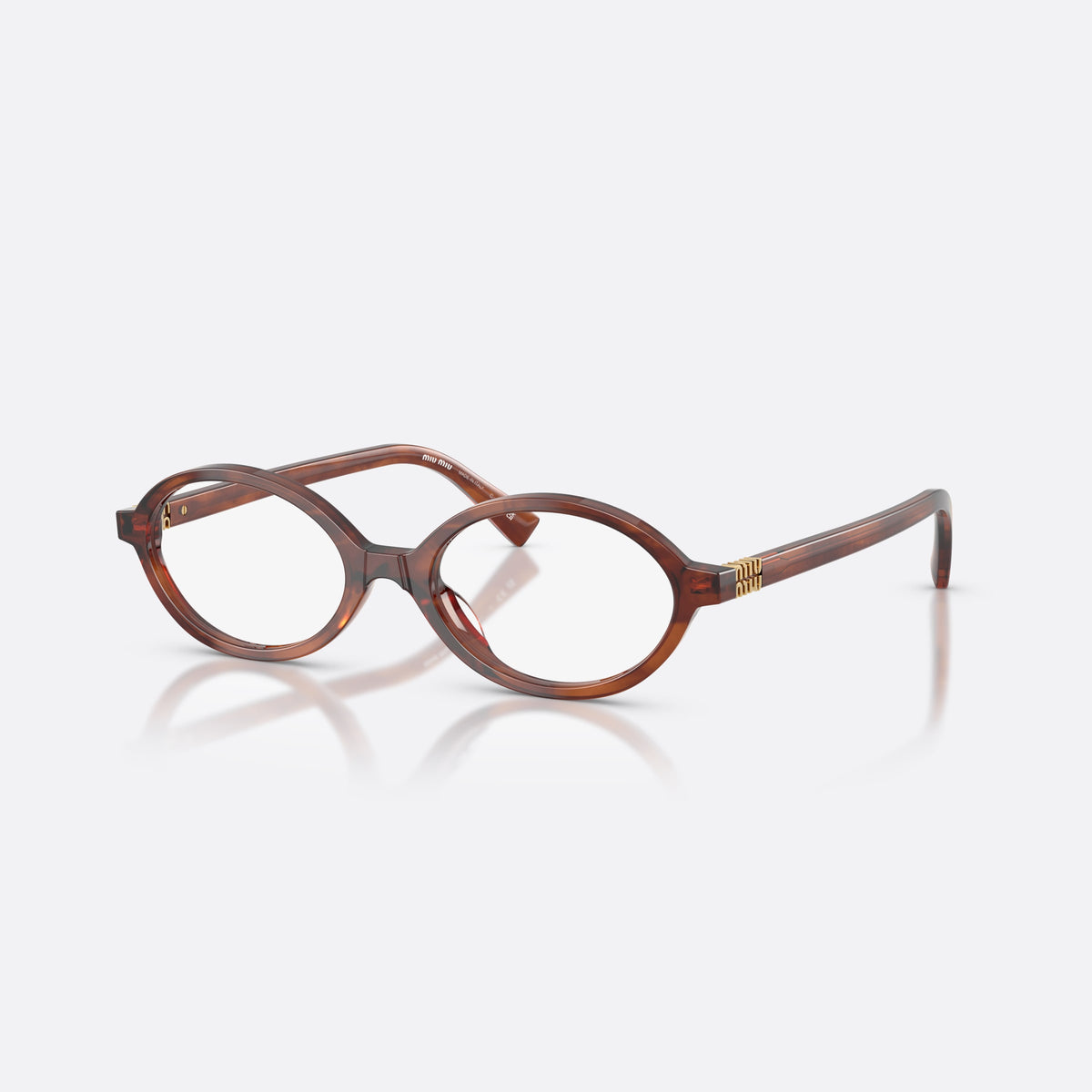 Miu Miu MU 01XV 26E1O1 eyeglasses, brown oval frame for women, plain bridge, brand lettering on temples, full-rim frame