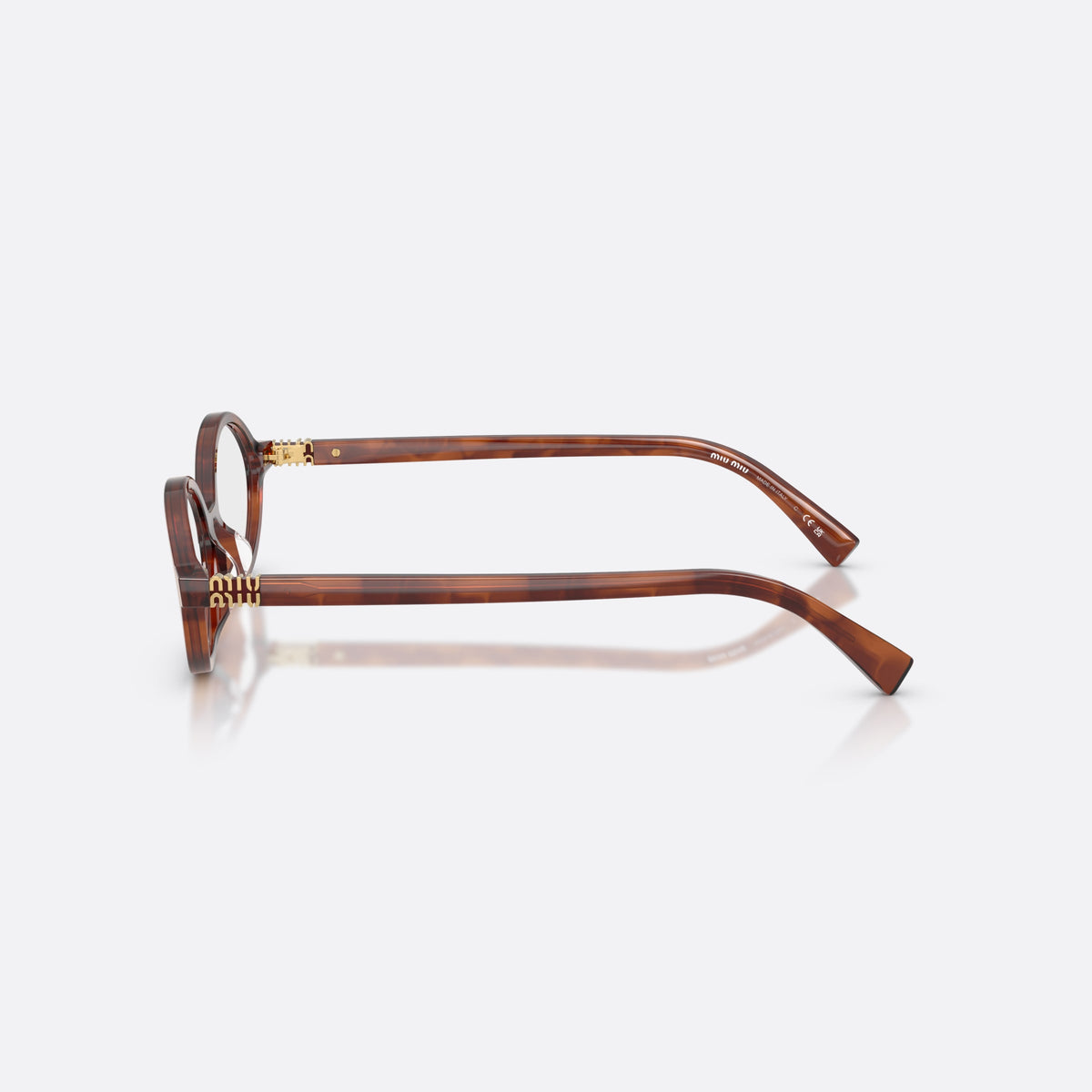 Miu Miu MU 01XV 26E1O1 eyeglasses, brown oval frame for women, plain bridge, brand lettering on temples, full-rim frame, side view