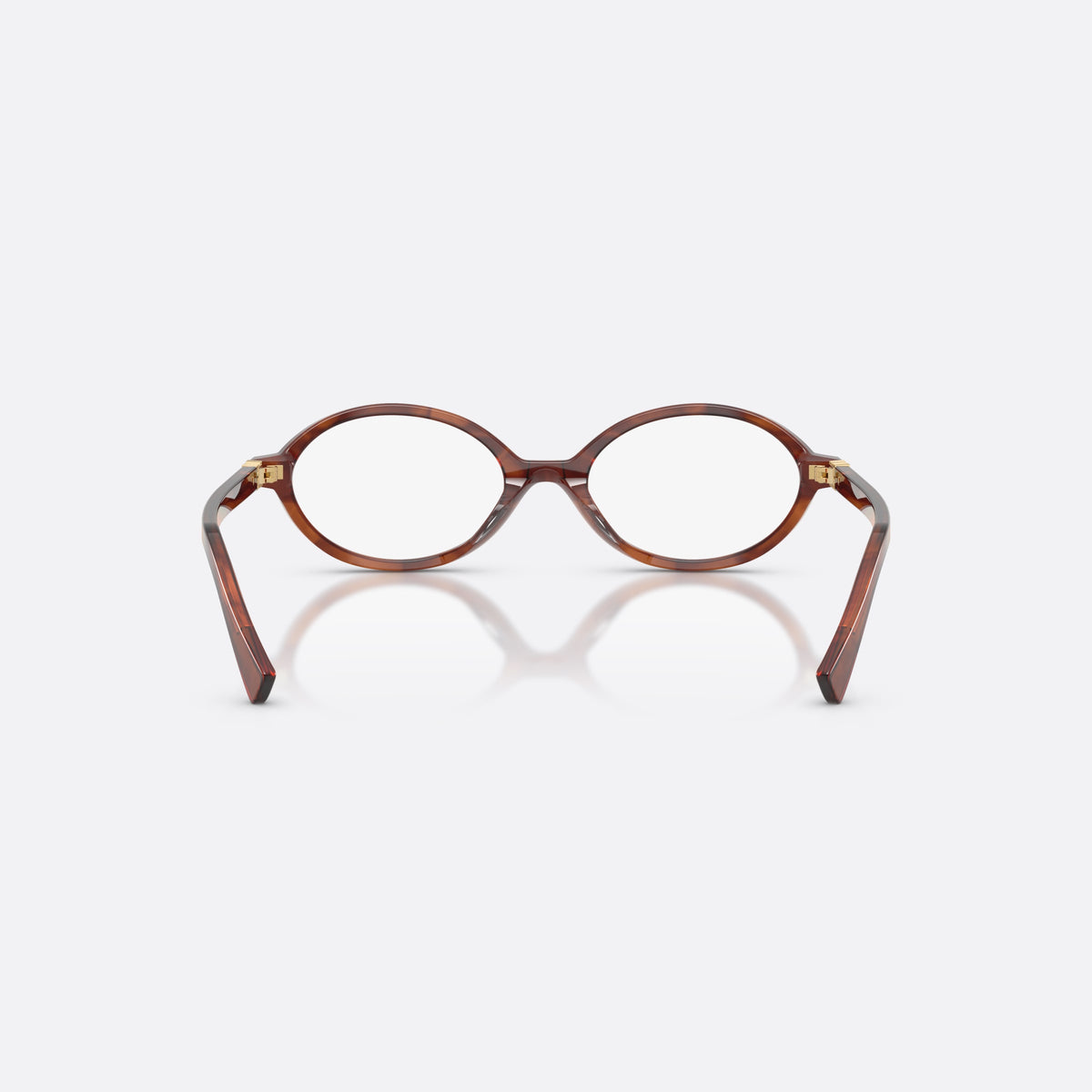 Miu Miu MU 01XV 26E1O1 eyeglasses, brown oval frame for women, plain bridge, brand lettering on temples, full-rim frame, back view