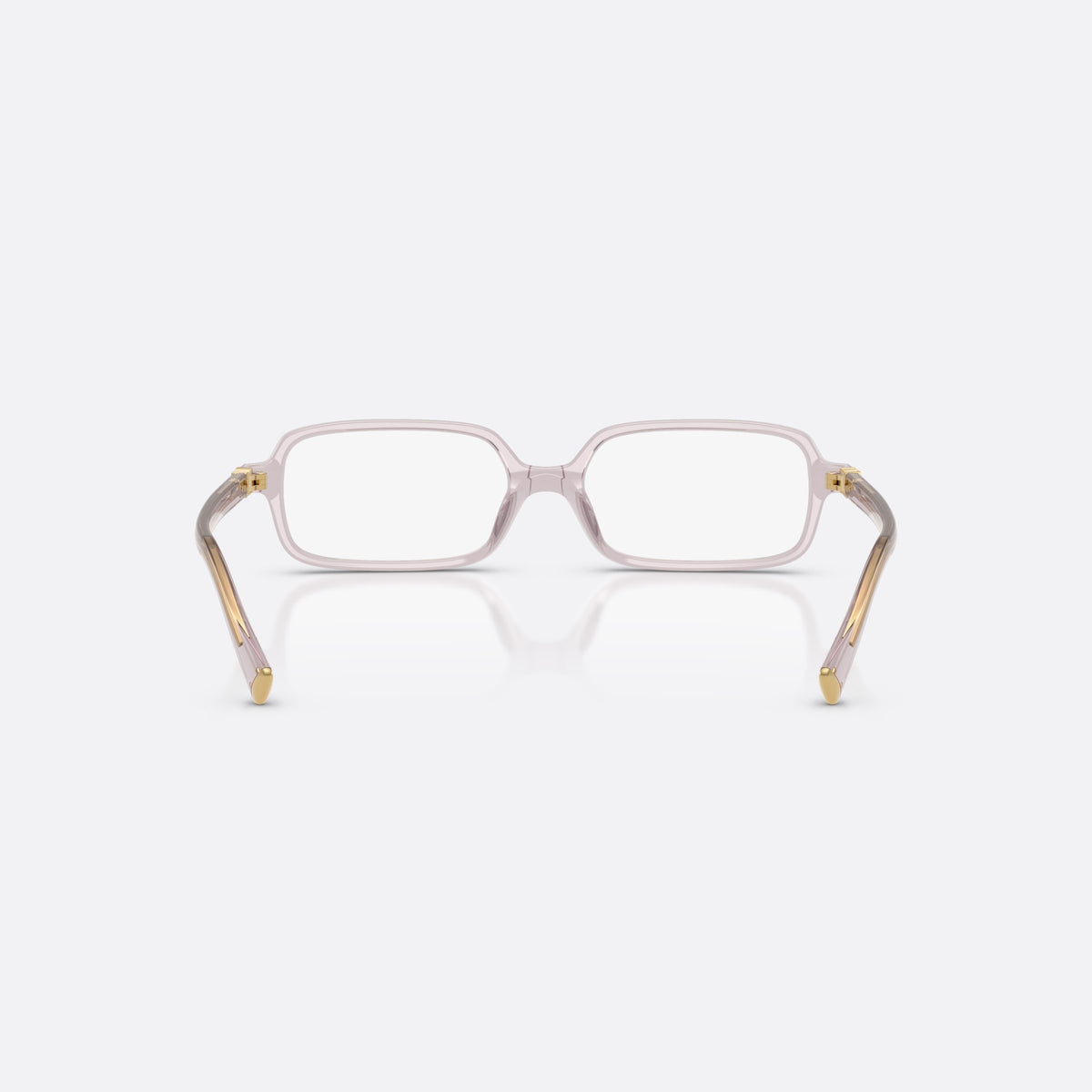 Miu Miu MU 01YV 12W1O1 eyeglasses, violet rectangle frame for women, plain bridge joining rims, brand lettering on temples, back view
