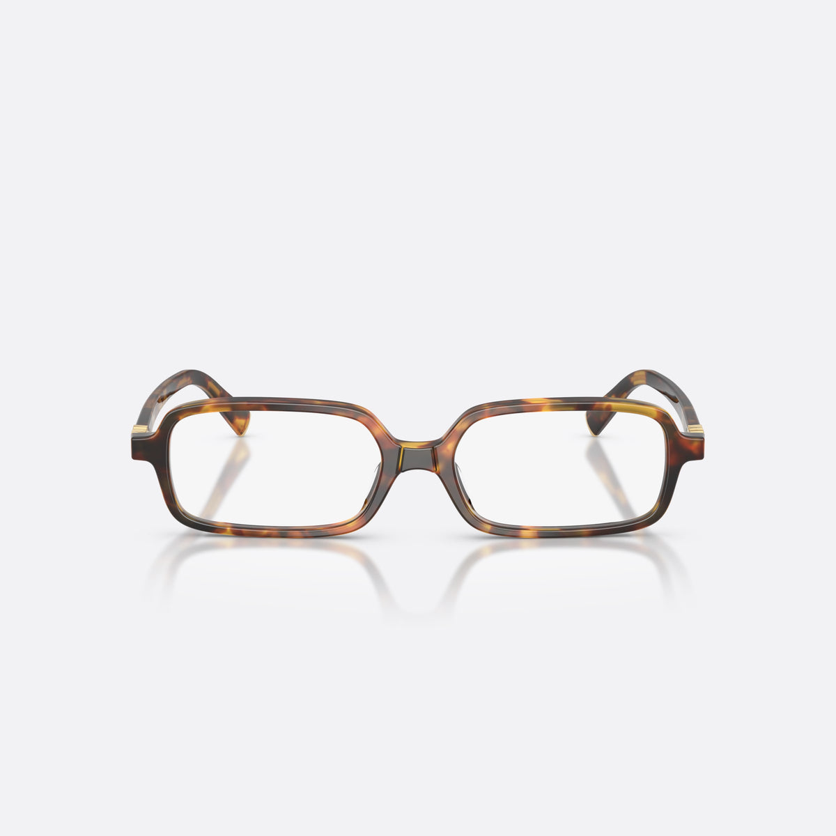 Miu Miu MU 01YV 14L1O1 eyeglasses, havana rectangle frame for women, plain integrated bridge, brand logo plaque on temple, front view