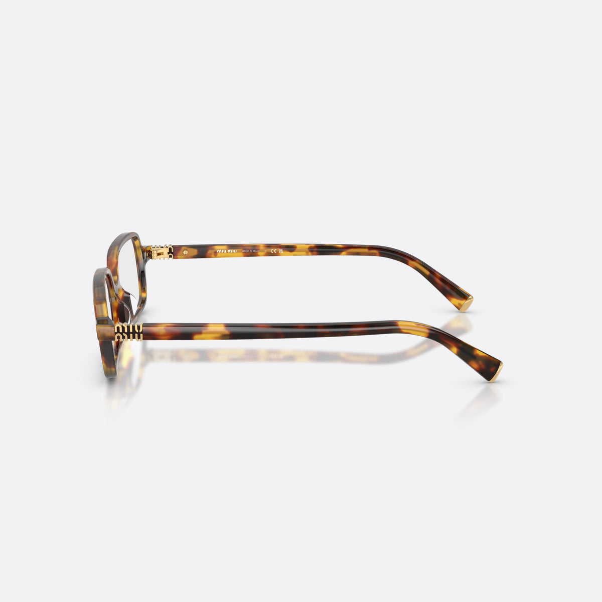 Miu Miu MU 01YV 14L1O1 eyeglasses, havana rectangle frame for women, plain integrated bridge, brand logo plaque on temple, side view