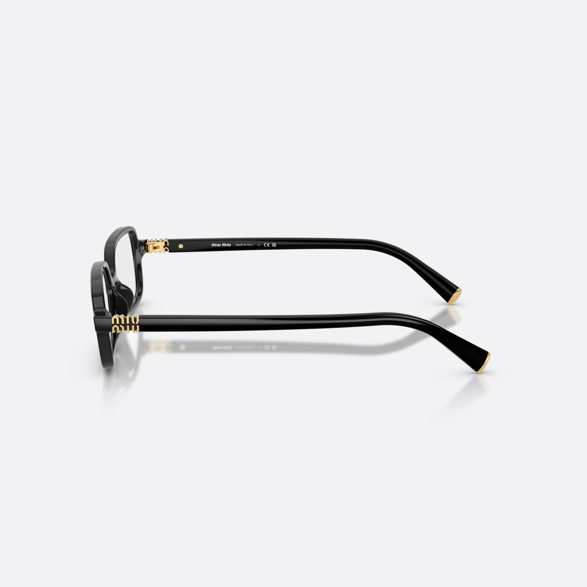 Miu Miu MU 01YV 16K1O1 eyeglasses, black rectangle frame for women, plain bridge, integrated, brand lettering on temples, side view