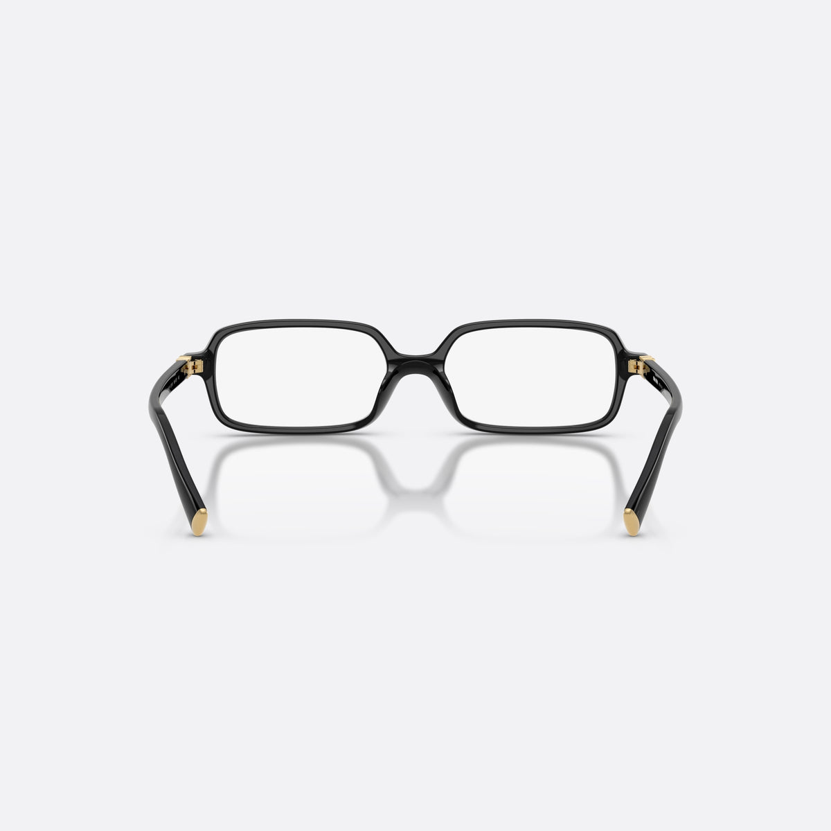 Miu Miu MU 01YV 16K1O1 eyeglasses, black rectangle frame for women, plain bridge, integrated, brand lettering on temples, back view