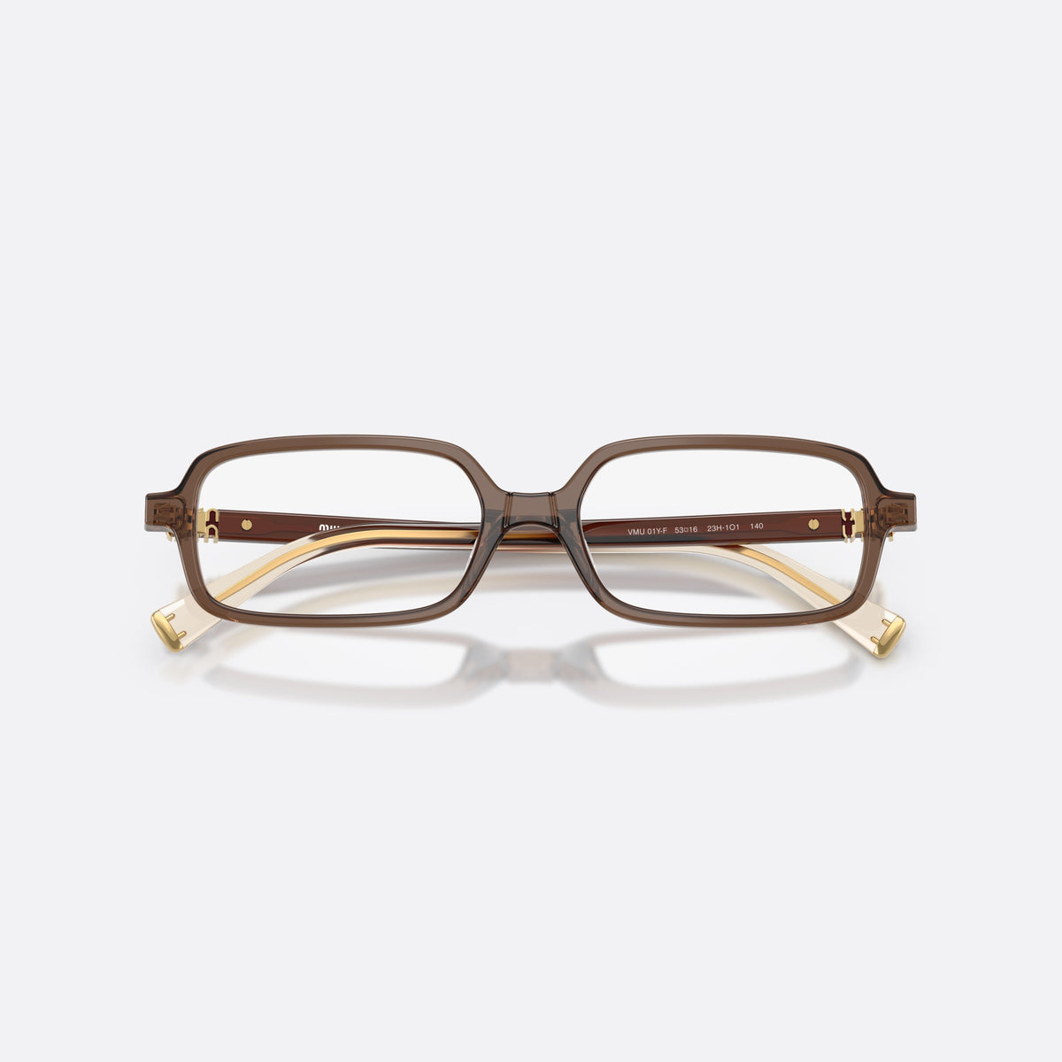 Rame ochelari de vedere Miu Miu MU 01YV 23H1O1, rectangulari maro, pentru femei, punte simplă integrată, literele brandului pe brațe, cu brațele pliate