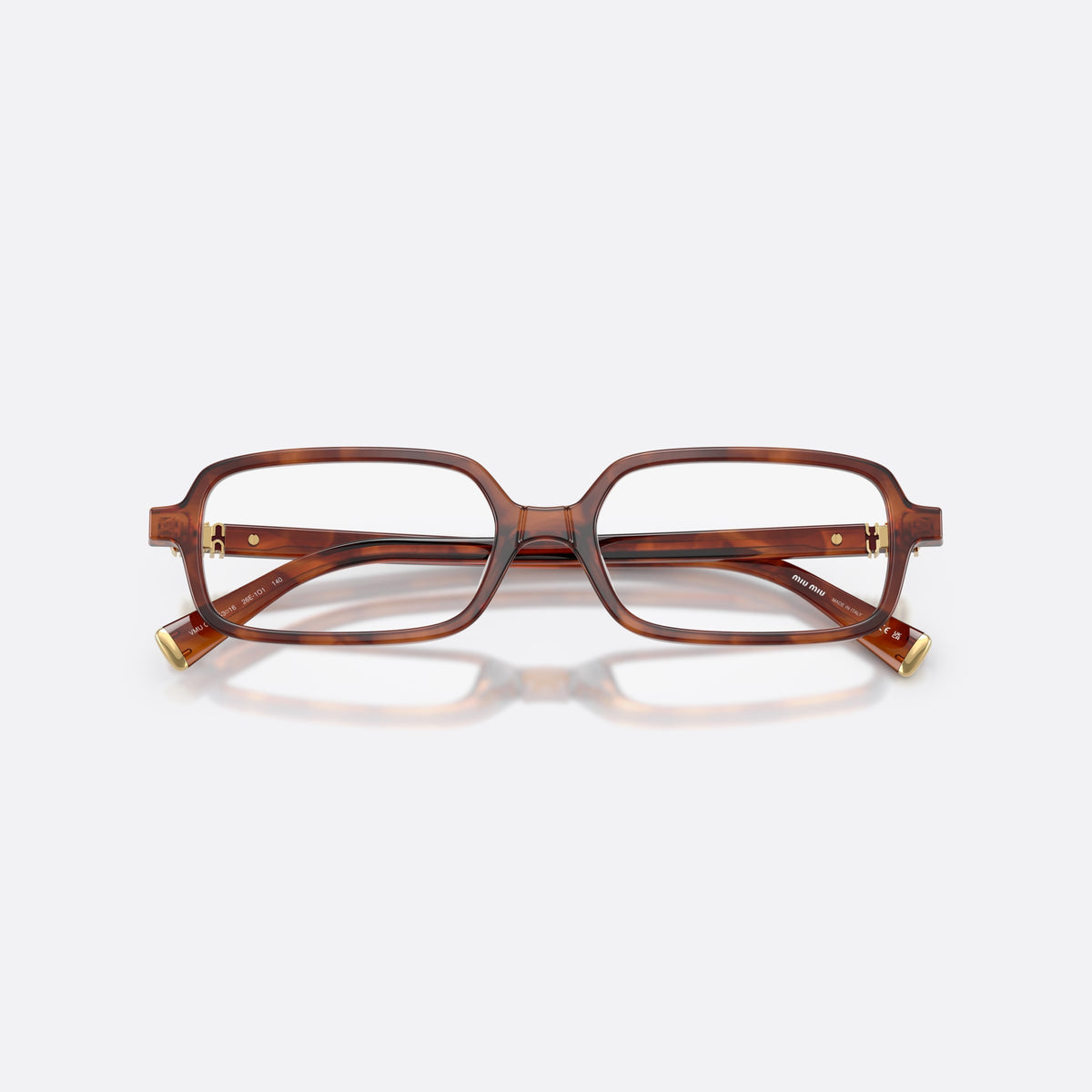 Miu Miu MU 01YV 26E1O1 eyeglasses, brown rectangle frame for women, plain bridge, brand lettering on temples, full-rim frame, folded