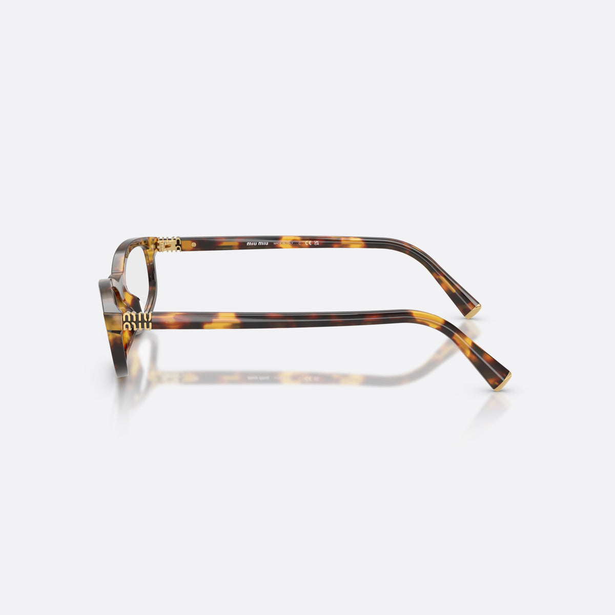 Miu Miu MU 01ZV 14L1O1 eyeglasses, havana oval frame for women, plain bridge, integrated, slim tapered temples, side view