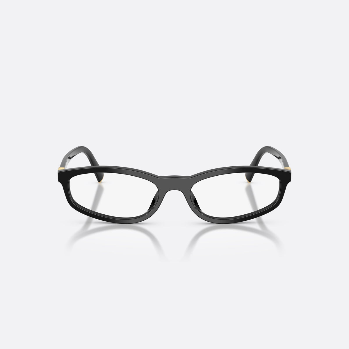 Miu Miu MU 01ZV 16K1O1 eyeglasses, black oval frame for women, plain integrated bridge, brand lettering on temples, front view