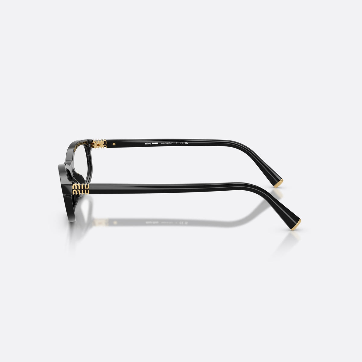 Miu Miu MU 01ZV 16K1O1 eyeglasses, black oval frame for women, plain integrated bridge, brand lettering on temples, side view