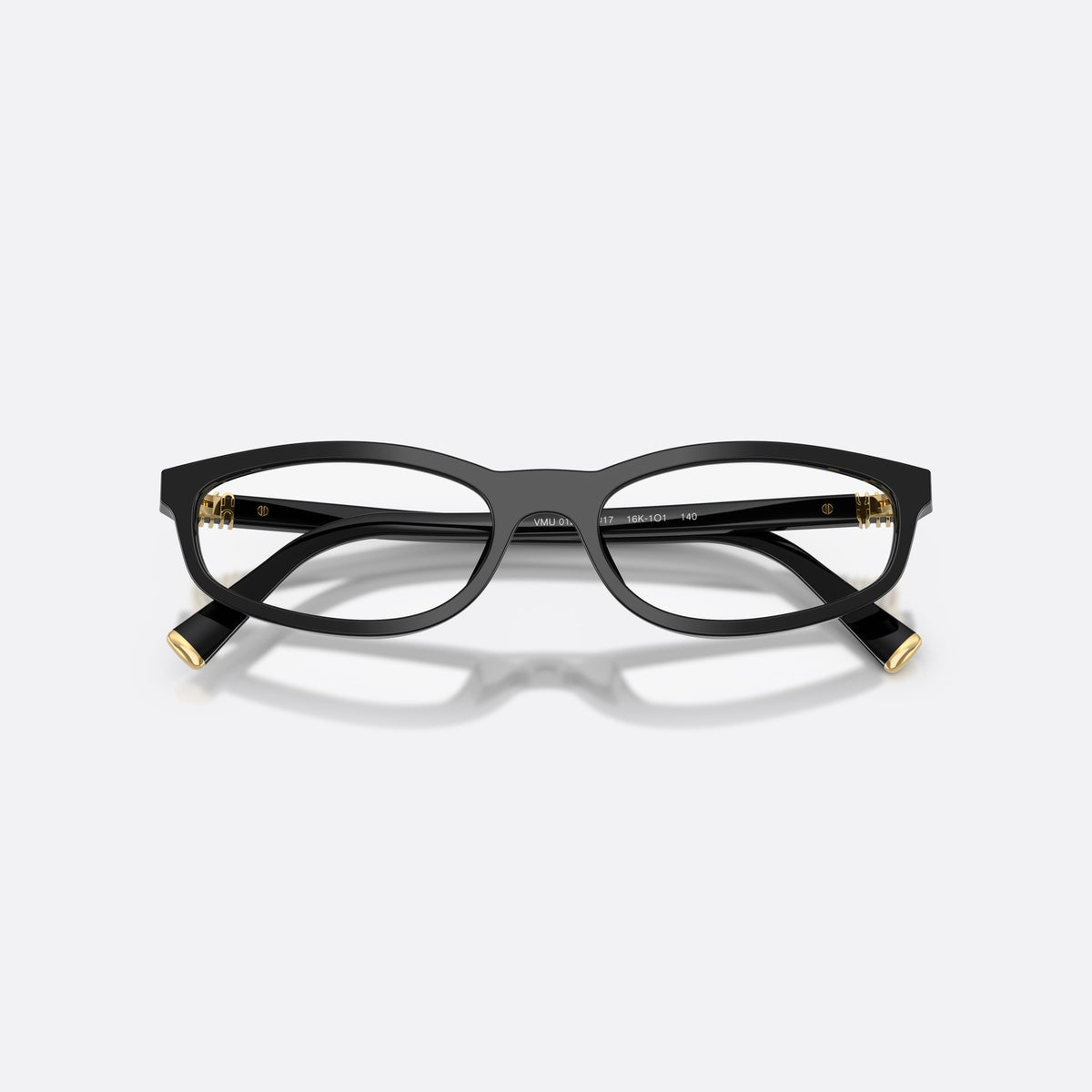 Miu Miu MU 01ZV 16K1O1 eyeglasses, black oval frame for women, plain integrated bridge, brand lettering on temples, folded