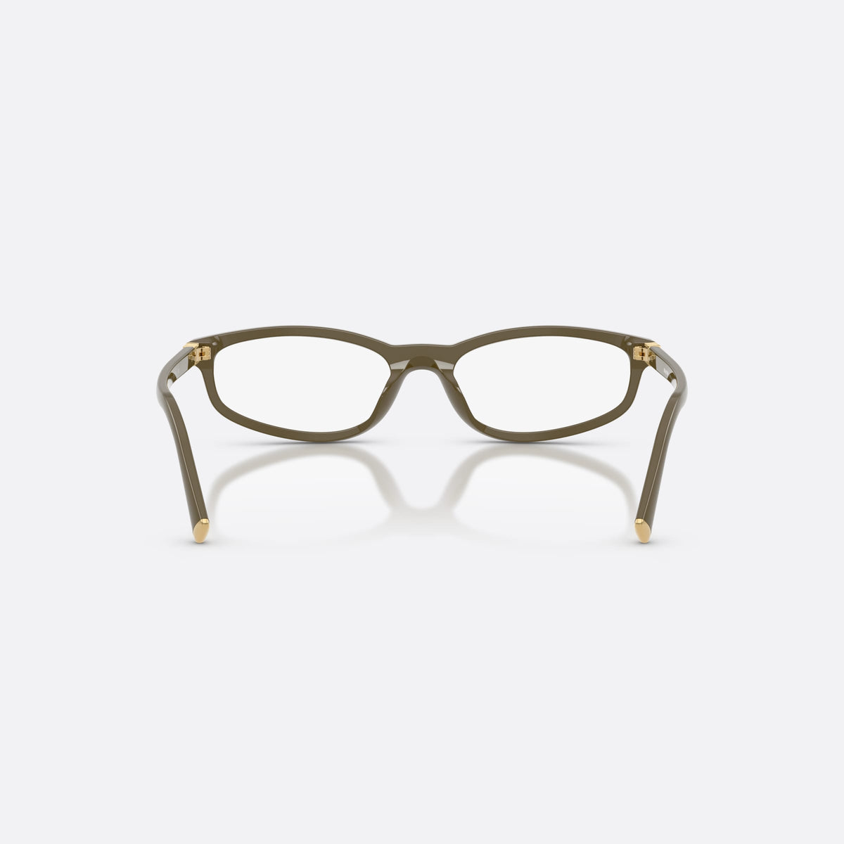 Miu Miu MU 01ZV 25L1O1 eyeglasses, green oval frame for women, plain integrated bridge, brand lettering on temples, back view