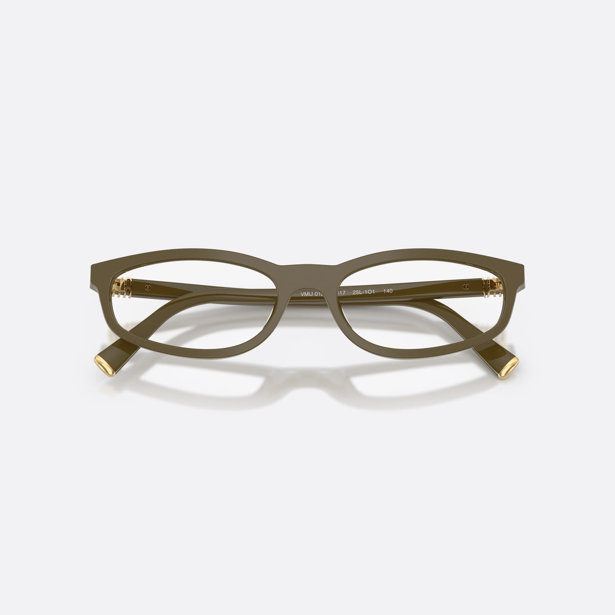 Miu Miu MU 01ZV 25L1O1 eyeglasses, green oval frame for women, plain integrated bridge, brand lettering on temples, folded