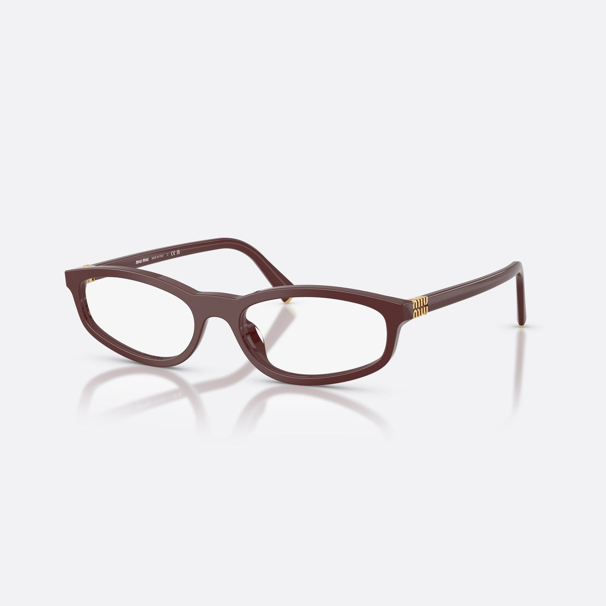 Miu Miu MU 01ZV 26L1O1 eyeglasses, pink oval frame for women, integrated plain bridge, brand lettering on temples