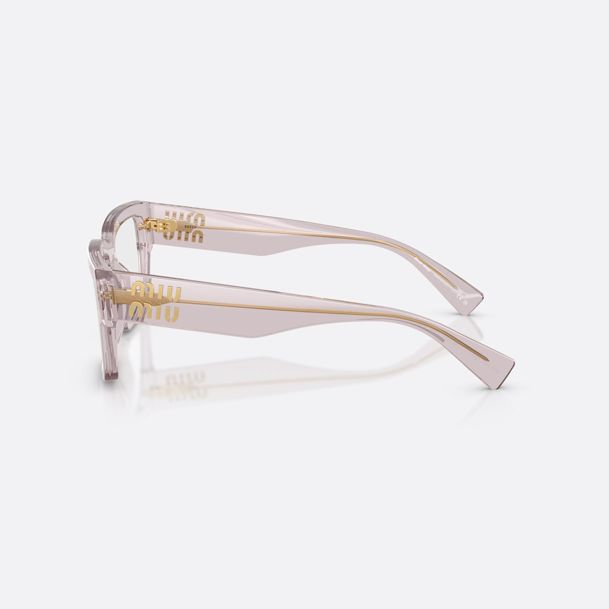 Miu Miu MU 02XV 12W1O1 eyeglasses, violet rectangle frame for women, plain bridge, integrated into front, full-rim, thick frame, side view