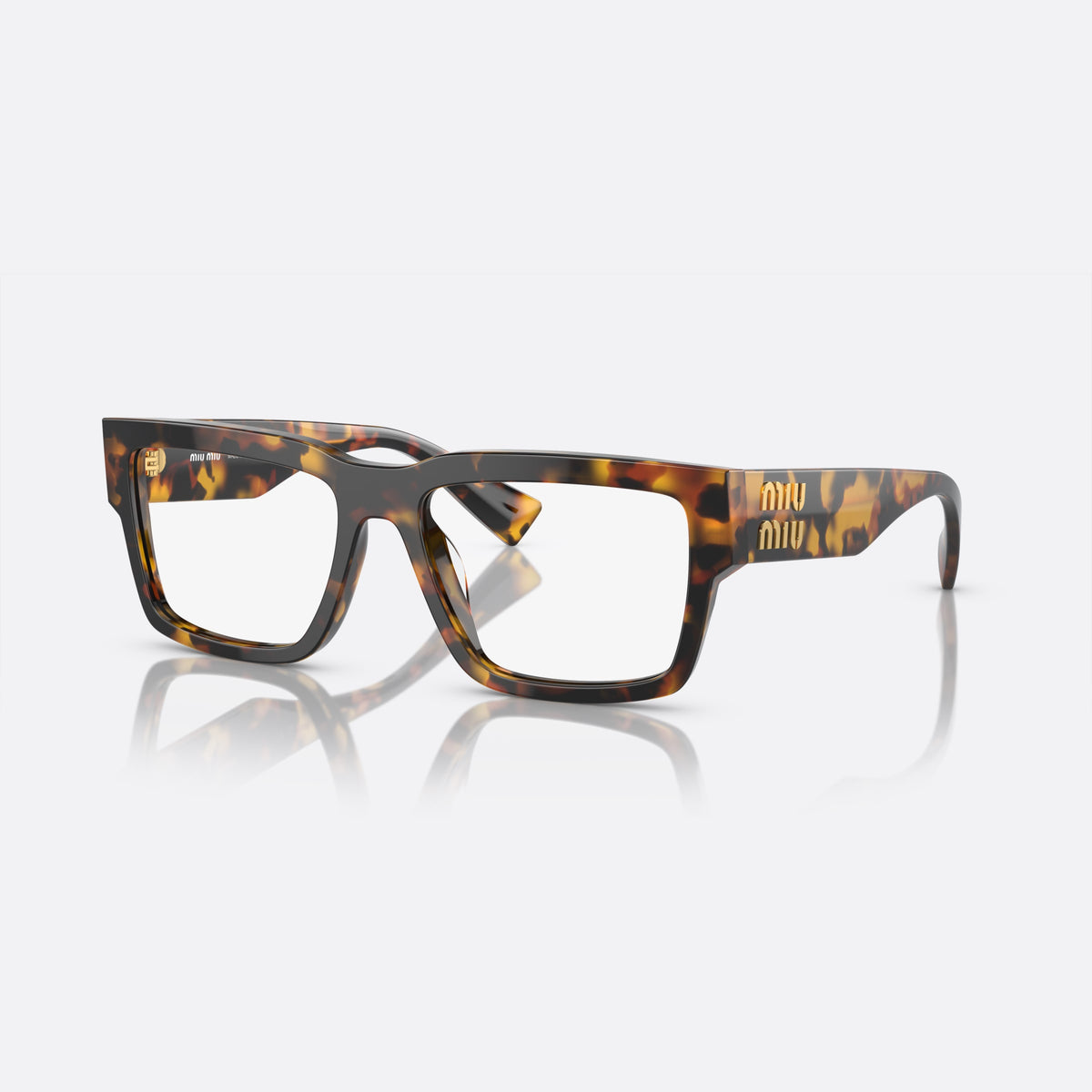 Miu Miu MU 02XV VAU-1O1 A eyeglasses, brown rectangular frame for women, plain bridge, brand logo plaque on temple, clear lenses