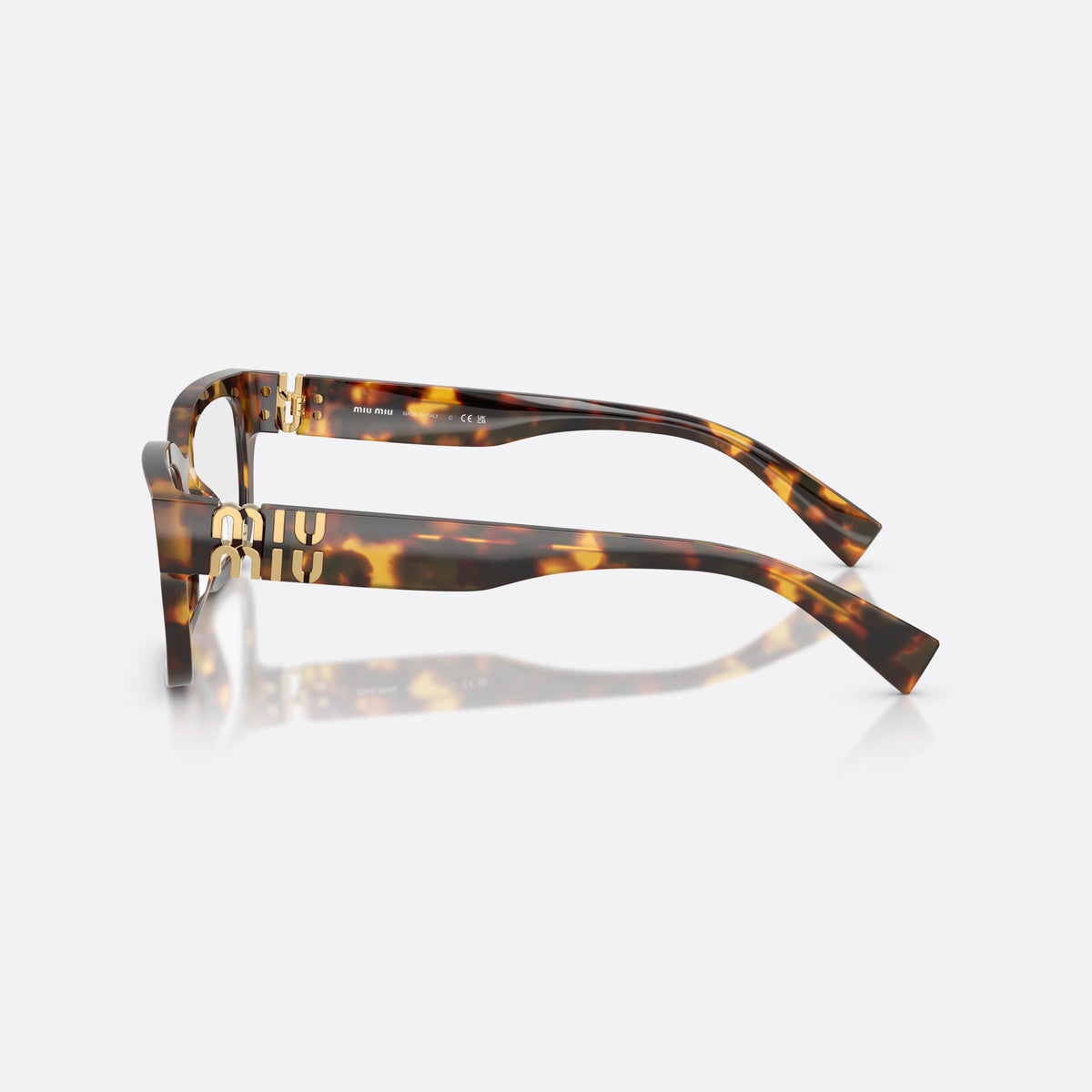 Miu Miu MU 02YV 14L1O1 eyeglasses, havana rectangle frame for women, plain saddle bridge, wide flat temples, side view
