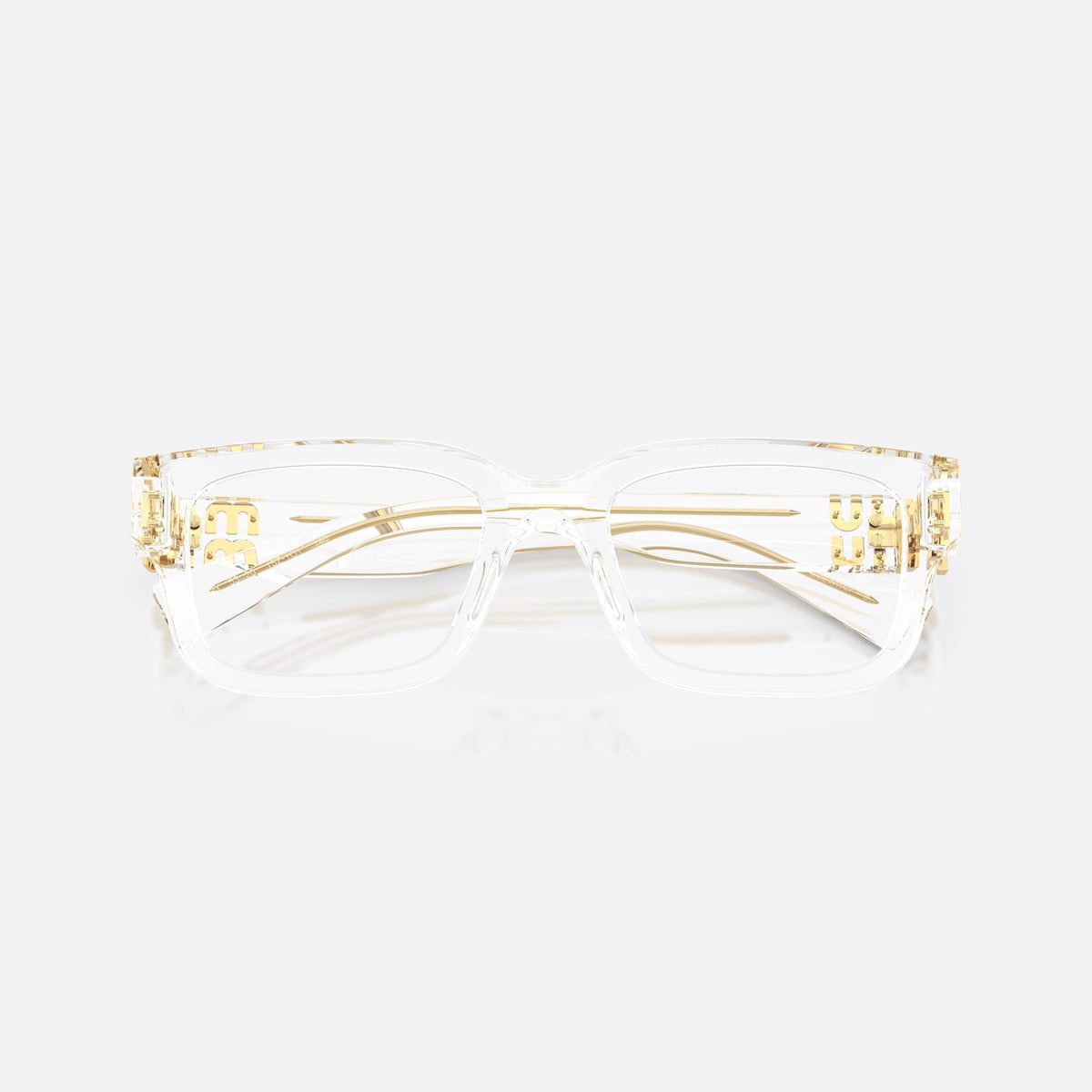 Miu Miu MU 02YV 15Z1O1 eyeglasses, clear rectangle frame for women, plain bridge, brand lettering on temples, full-rim frame, folded