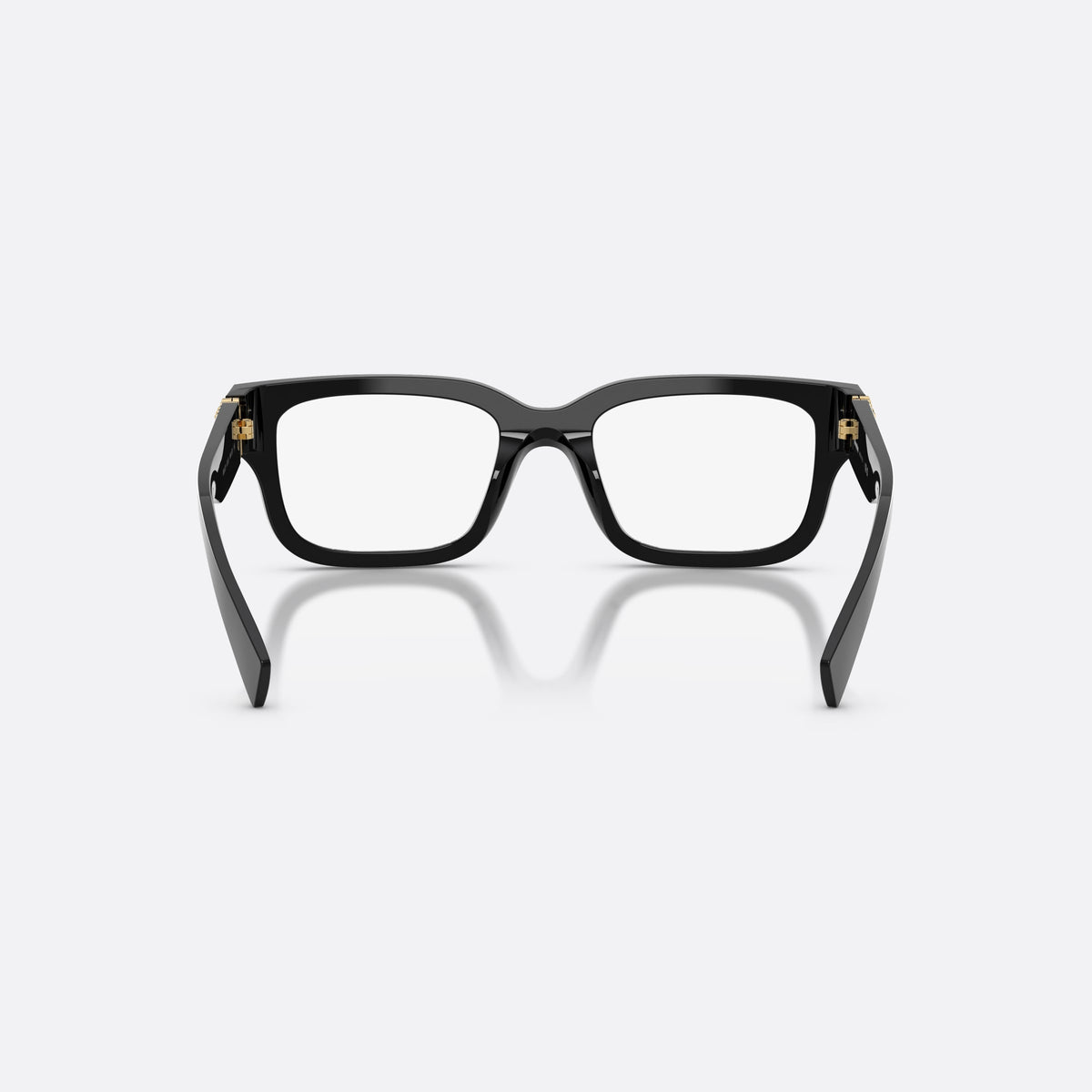 Miu Miu MU 02YV 16K1O1 eyeglasses, black rectangle frame for women, plain saddle bridge, brand logo plaque on temple, back view