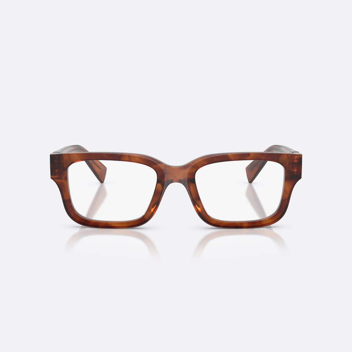 Miu Miu MU 02YV 26E1O1 eyeglasses, brown rectangle frame for women, plain saddle bridge, brand lettering on temples, front view