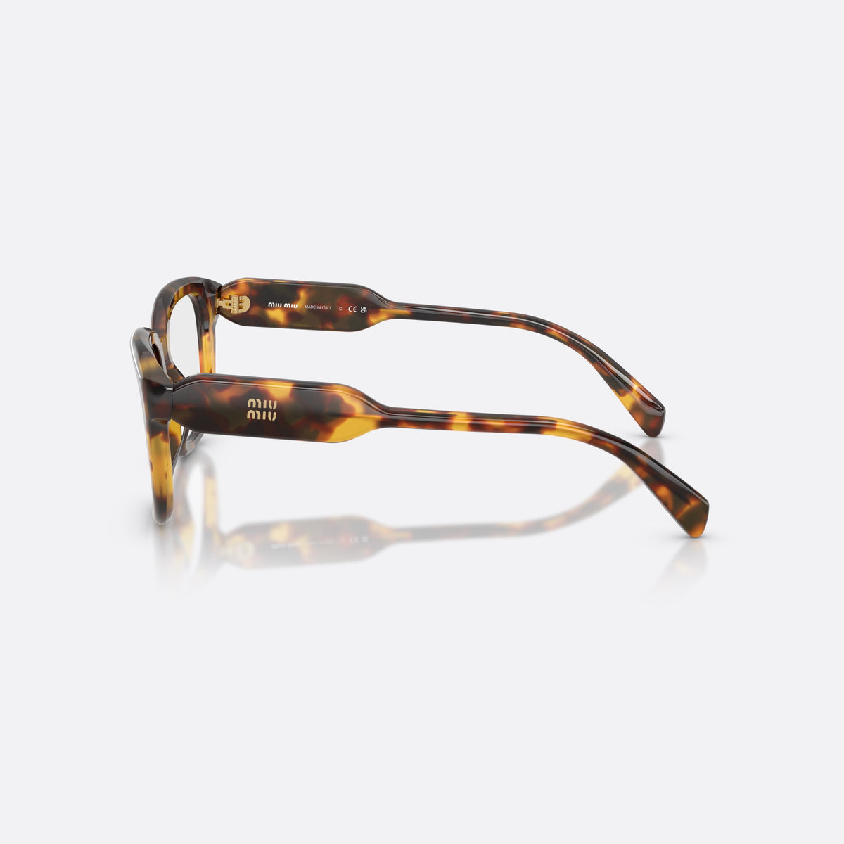 Miu Miu MU 02ZV 14L1O1 eyeglasses, havana rectangle frame for women, plain integrated bridge, brand lettering on temples, side view