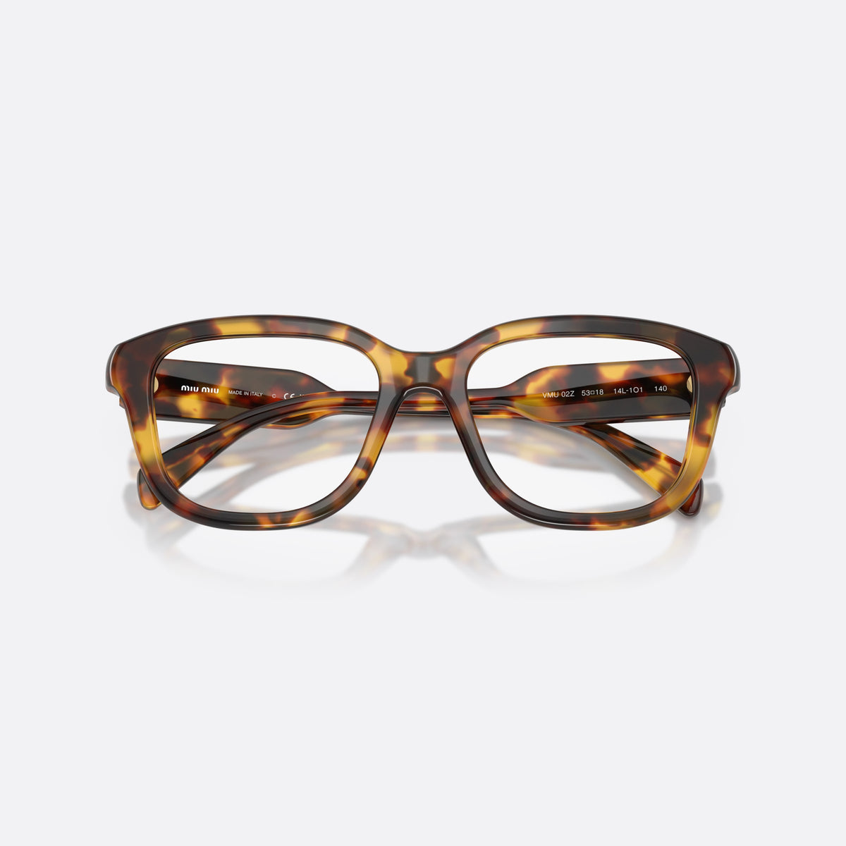 Miu Miu MU 02ZV 14L1O1 eyeglasses, havana rectangle frame for women, plain integrated bridge, brand lettering on temples, folded