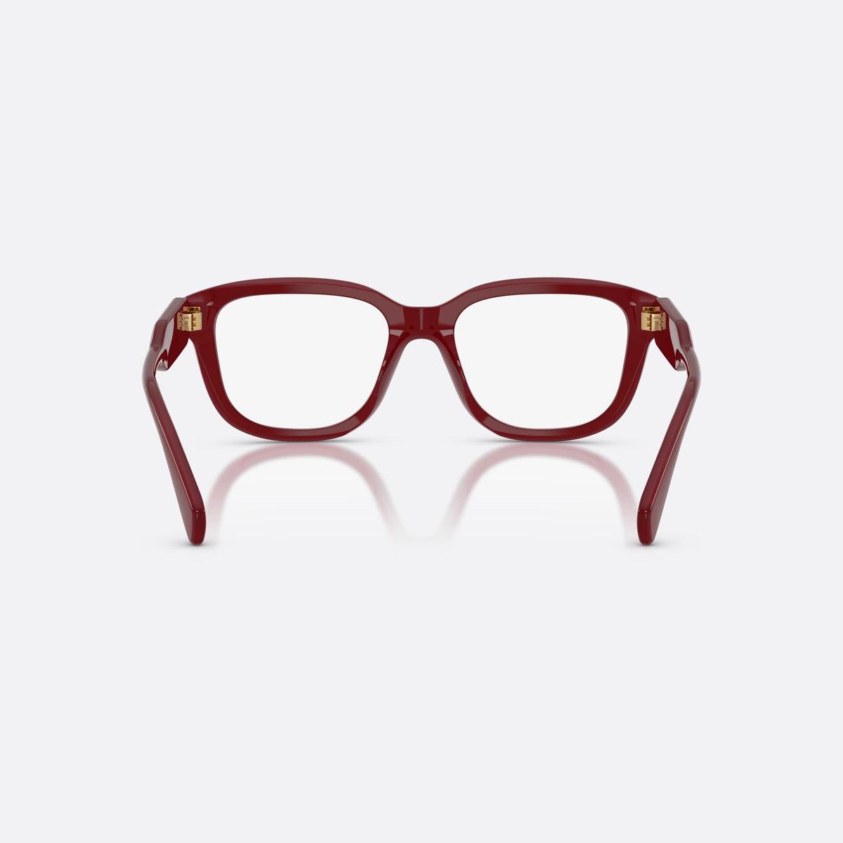 Miu Miu MU 02ZV 21I1O1 eyeglasses, red rectangle frame for women, plain bridge, brand lettering on temples, temple plaque, back view