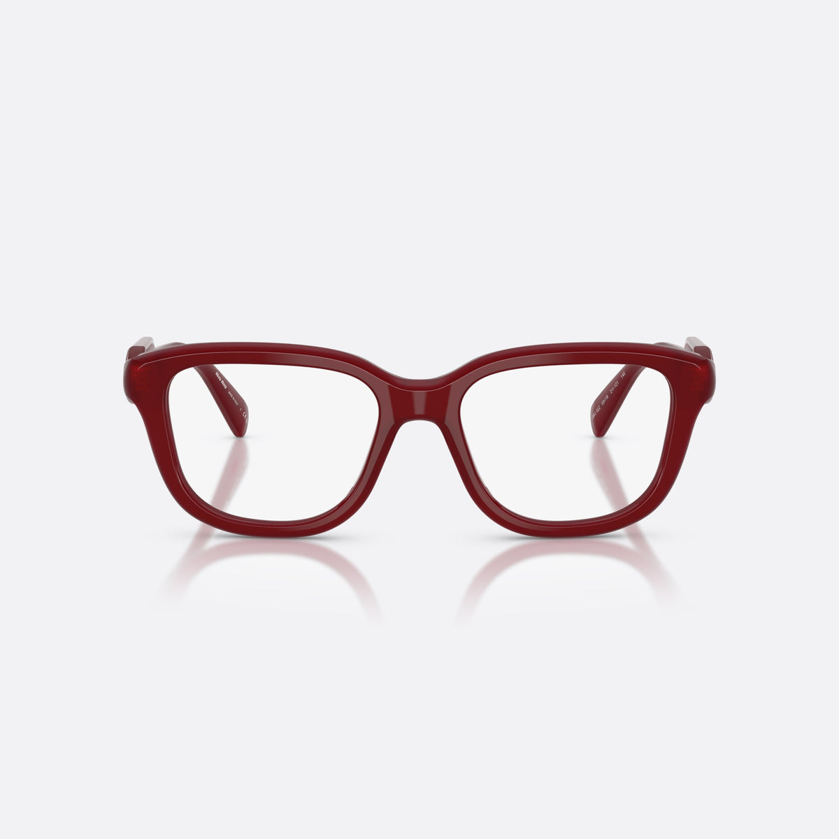 Miu Miu MU 02ZV 21I1O1 eyeglasses, red rectangle frame for women, plain integrated bridge, brand lettering on temples, front view
