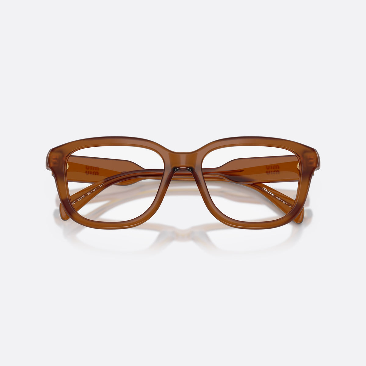 Rame ochelari de vedere Miu Miu MU 02ZV 22I1O1, rectangulari maro, pentru femei, punte simplă din acetat, litere ale brandului pe brațe, cu brațele pliate