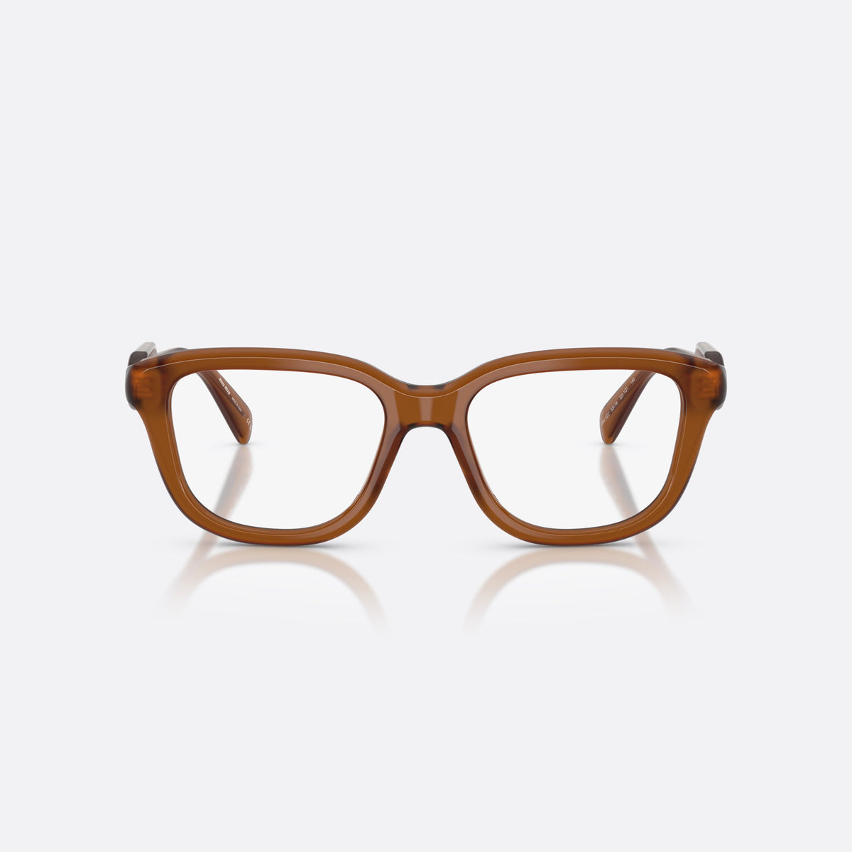 Miu Miu MU 02ZV 22I1O1 eyeglasses, brown rectangle frame for women, plain acetate-style bridge, brand lettering on temples, front view