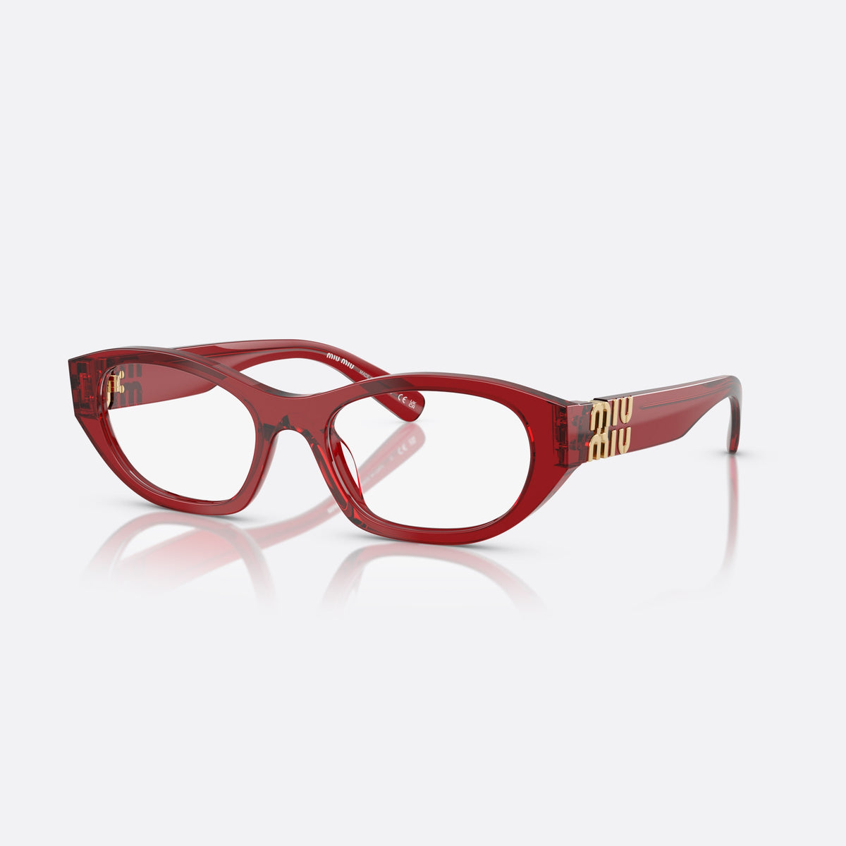 Miu Miu MU 03WV 25M1O1 eyeglasses, violet irregular frame for women, plain bridge, brand lettering on temples, gold-tone hinges