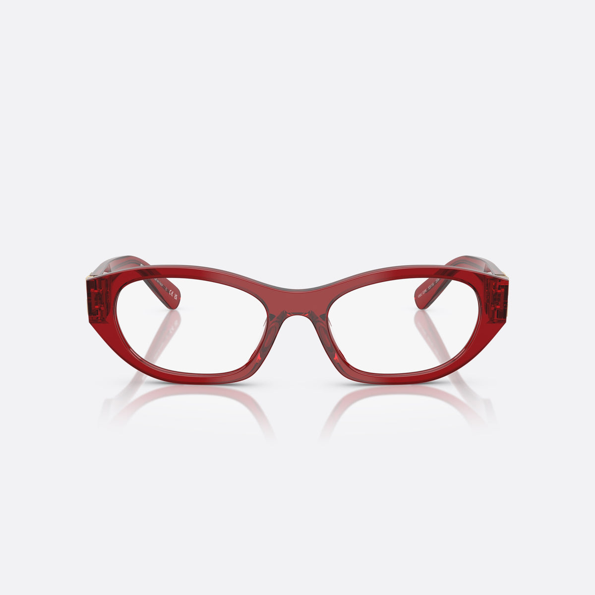 Miu Miu MU 03WV 25M1O1 eyeglasses, violet irregular frame for women, plain bridge, brand lettering on temples, gold-tone hinges, front view
