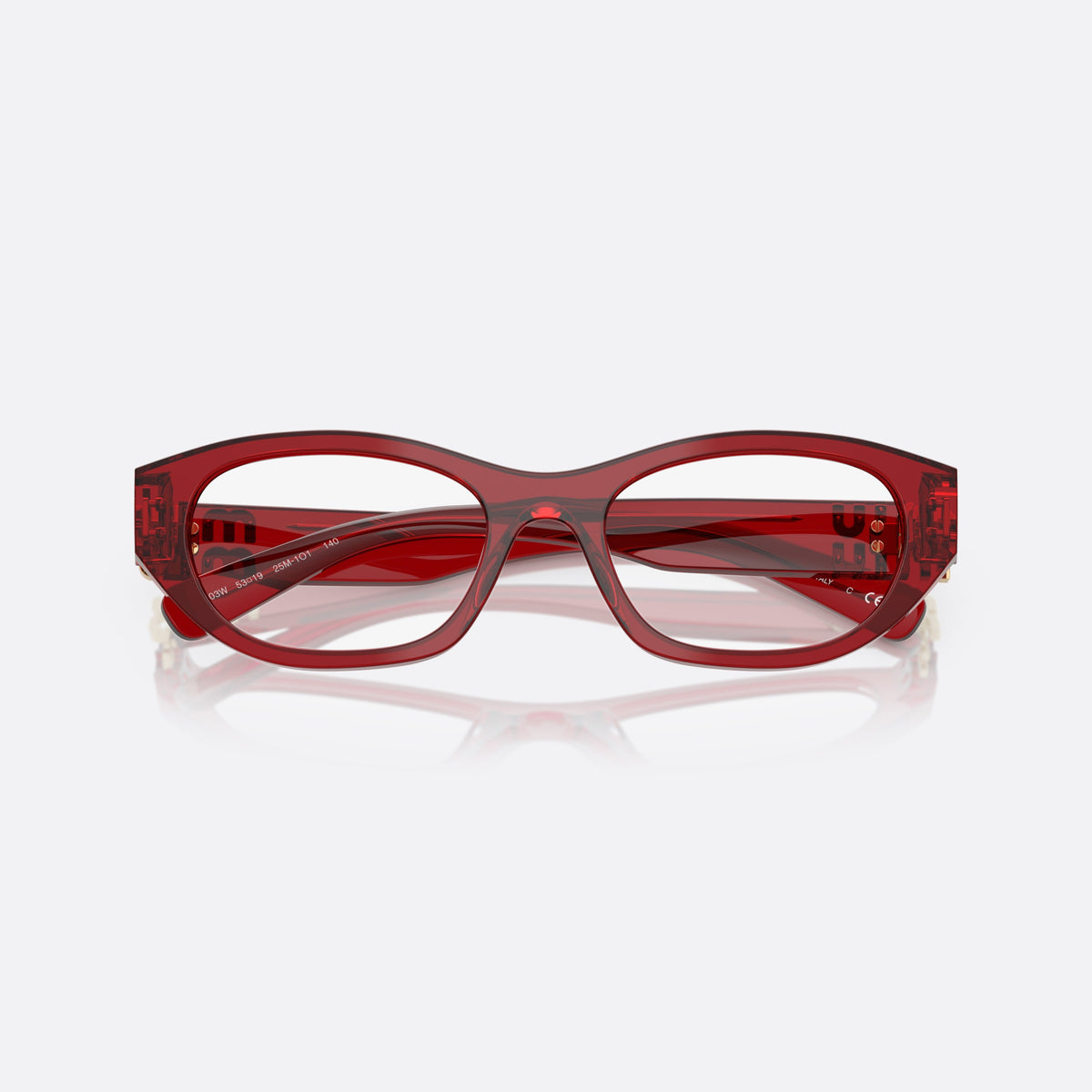 Miu Miu MU 03WV 25M1O1 eyeglasses, violet irregular frame for women, plain bridge, brand lettering on temples, gold-tone hinges, folded