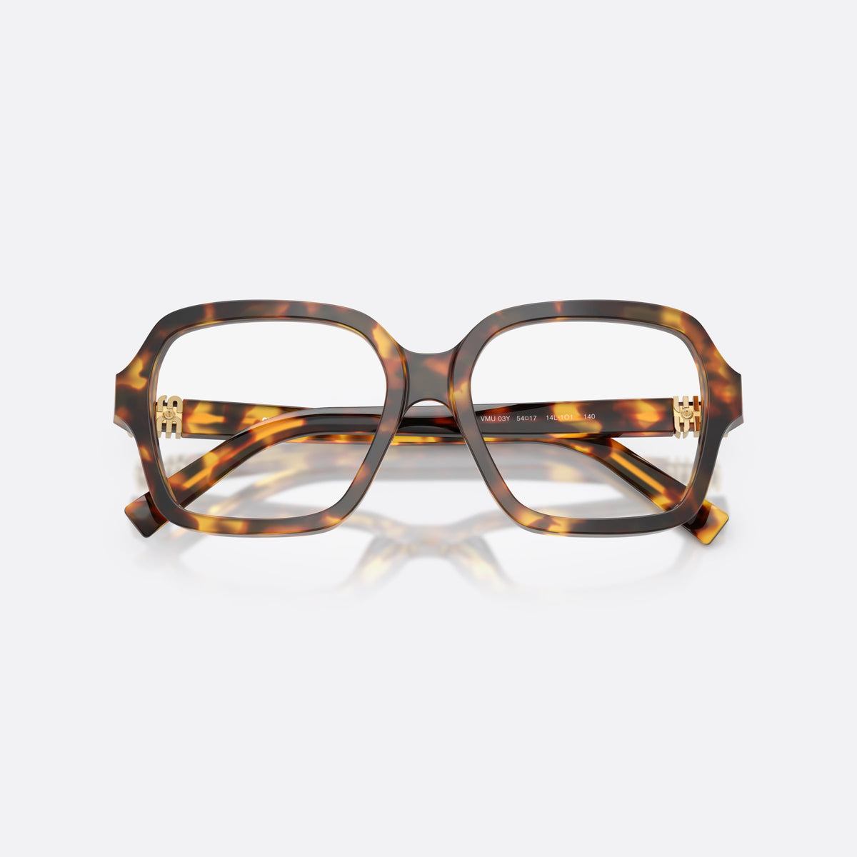 Rame ochelari de vedere Miu Miu MU 03YV 14L1O1, patrati havana, pentru femei, punte tip șa din acetat, literele brandului pe brațe, cu brațele pliate