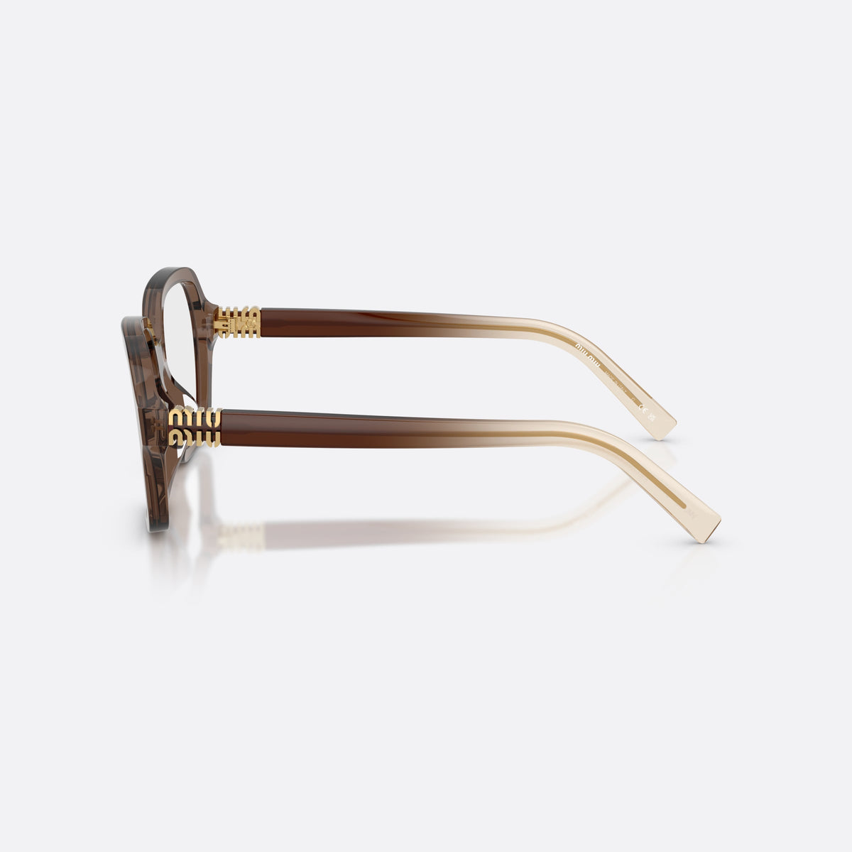 Miu Miu MU 03YV 23H1O1 eyeglasses, brown square frame for women, plain bridge, brand lettering on temples, full-rim frame, side view