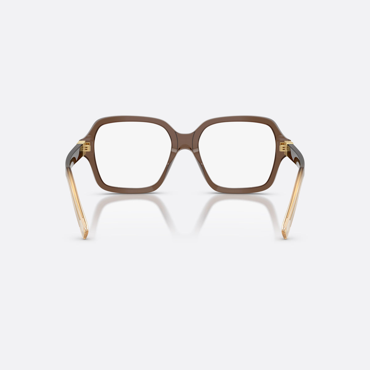 Miu Miu MU 03YV 23H1O1 eyeglasses, brown square frame for women, plain bridge, brand lettering on temples, full-rim frame, back view