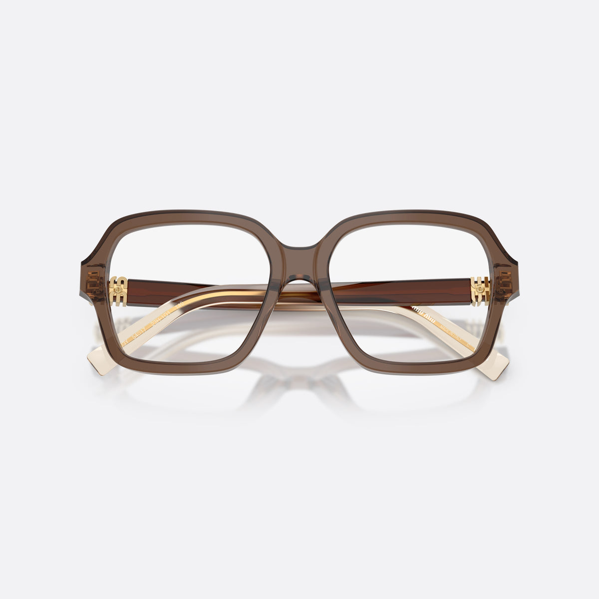 Miu Miu MU 03YV 23H1O1 eyeglasses, brown square frame for women, plain bridge, brand lettering on temples, full-rim frame, folded