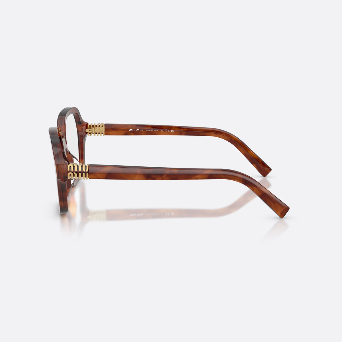 Miu Miu MU 03YV 26E1O1 eyeglasses, brown square frame for women, keyhole bridge, brand lettering on temples, side view