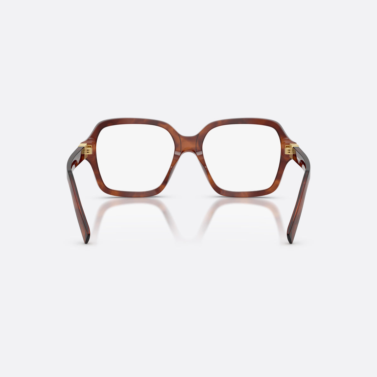 Miu Miu MU 03YV 26E1O1 eyeglasses, brown square frame for women, plain bridge, brand lettering on temples, full-rim frame, back view
