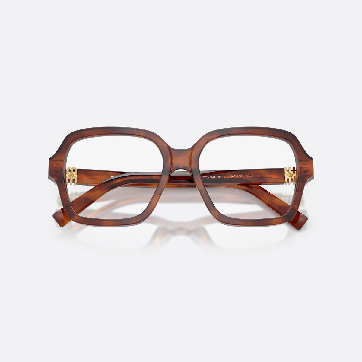 Miu Miu MU 03YV 26E1O1 eyeglasses, brown square frame for women, plain bridge, brand lettering on temples, full-rim frame, folded