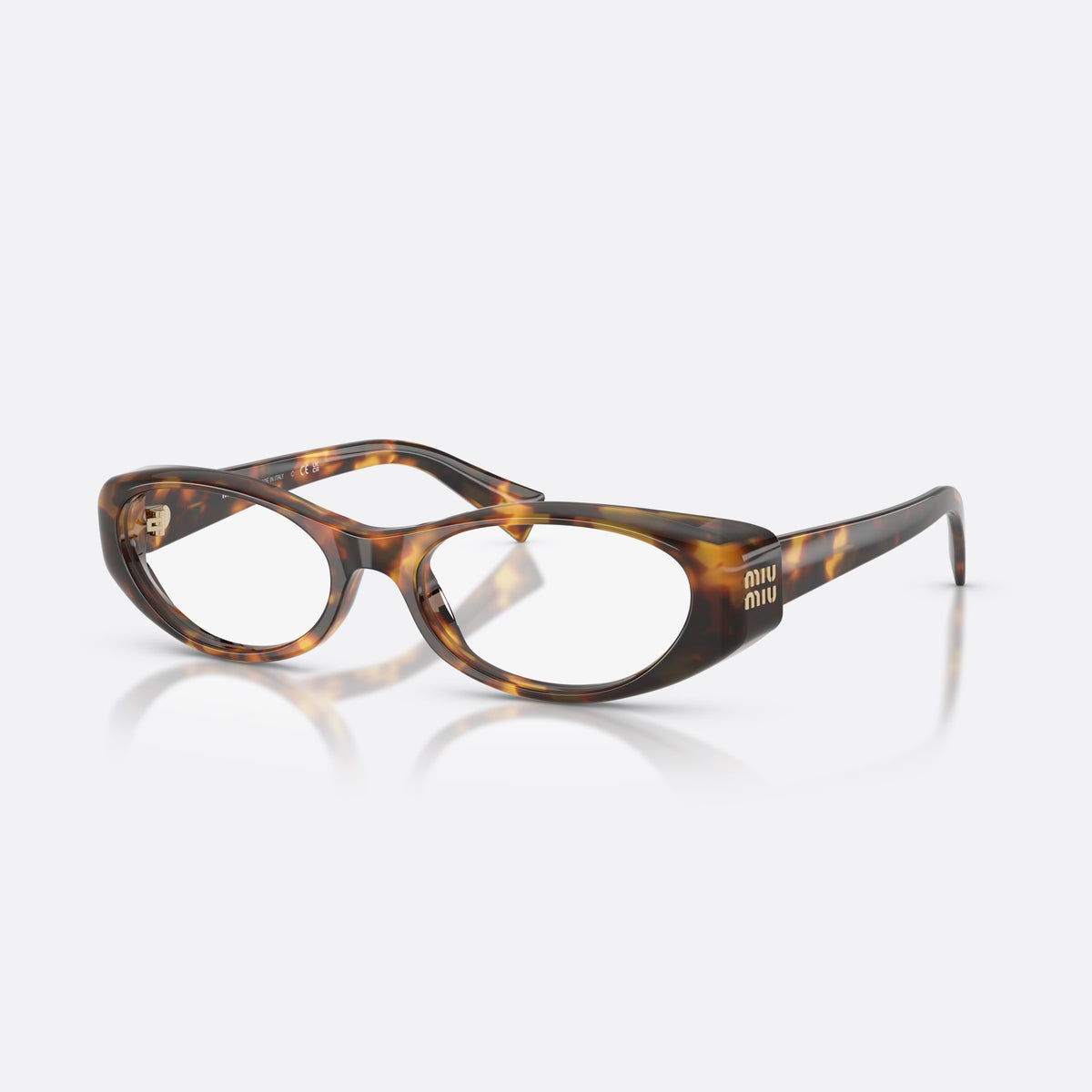 Miu Miu MU 03ZV 14L1O1 eyeglasses, havana oval frame for women, plain integrated bridge, brand lettering on temples