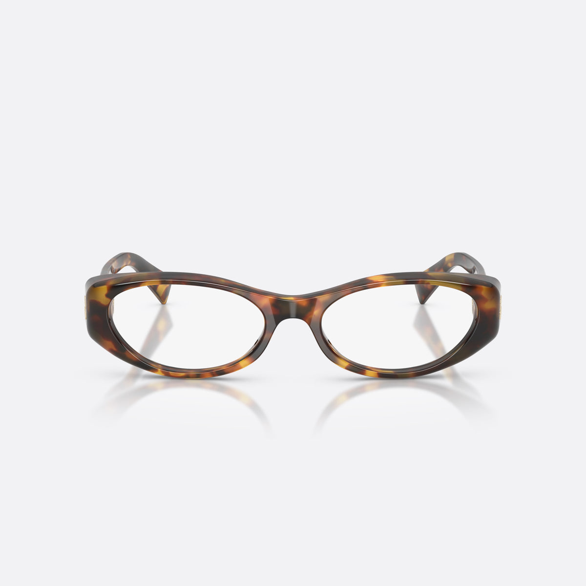 Miu Miu MU 03ZV 14L1O1 eyeglasses, havana oval frame for women, plain integrated bridge, brand lettering on temples, front view