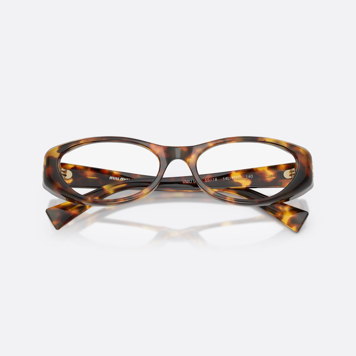 Miu Miu MU 03ZV 14L1O1 eyeglasses, havana oval frame for women, plain integrated bridge, brand lettering on temples, folded