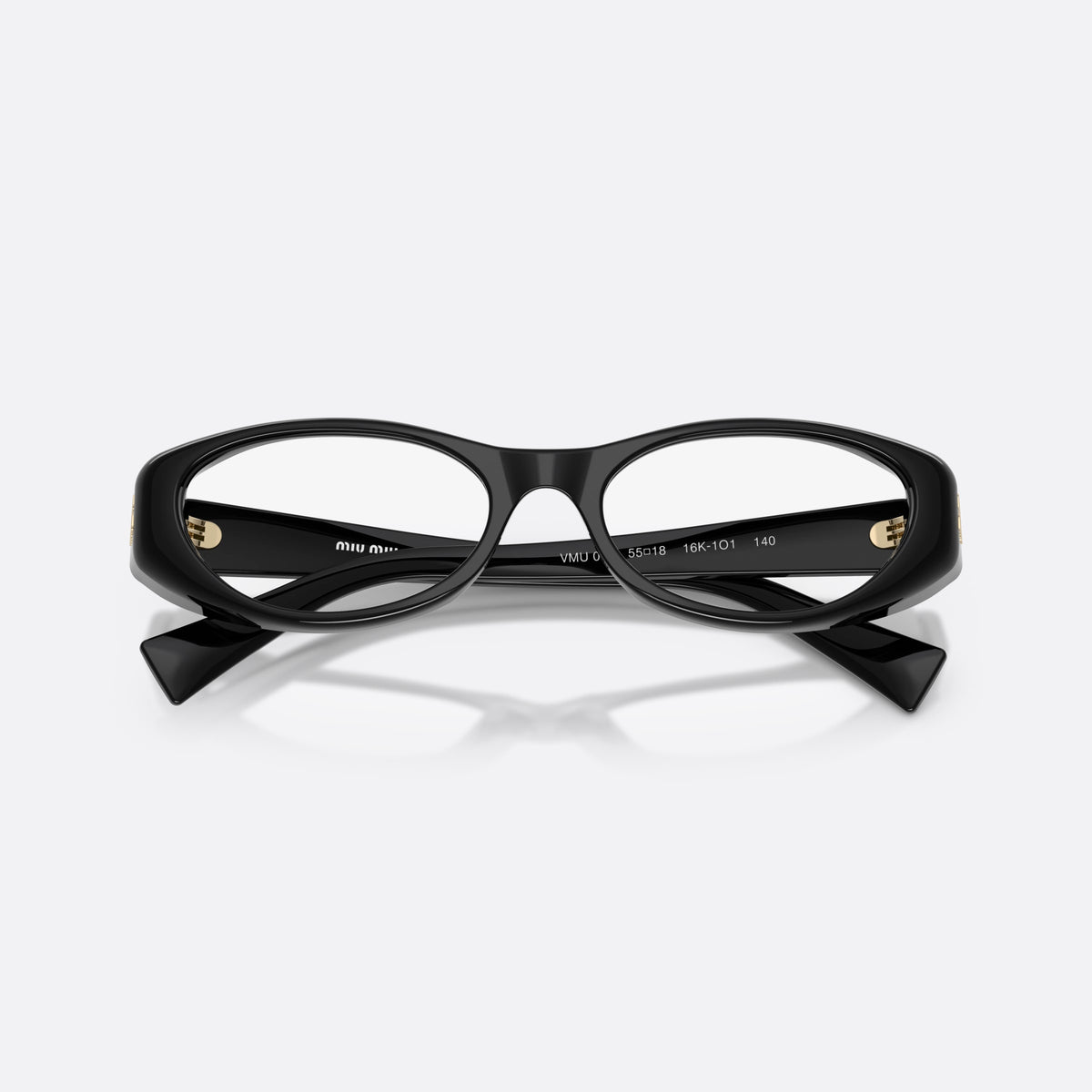 Miu Miu MU 03ZV 16K1O1 eyeglasses, black oval frame for women, plain bridge, brand lettering on temple, plaque on temple, folded