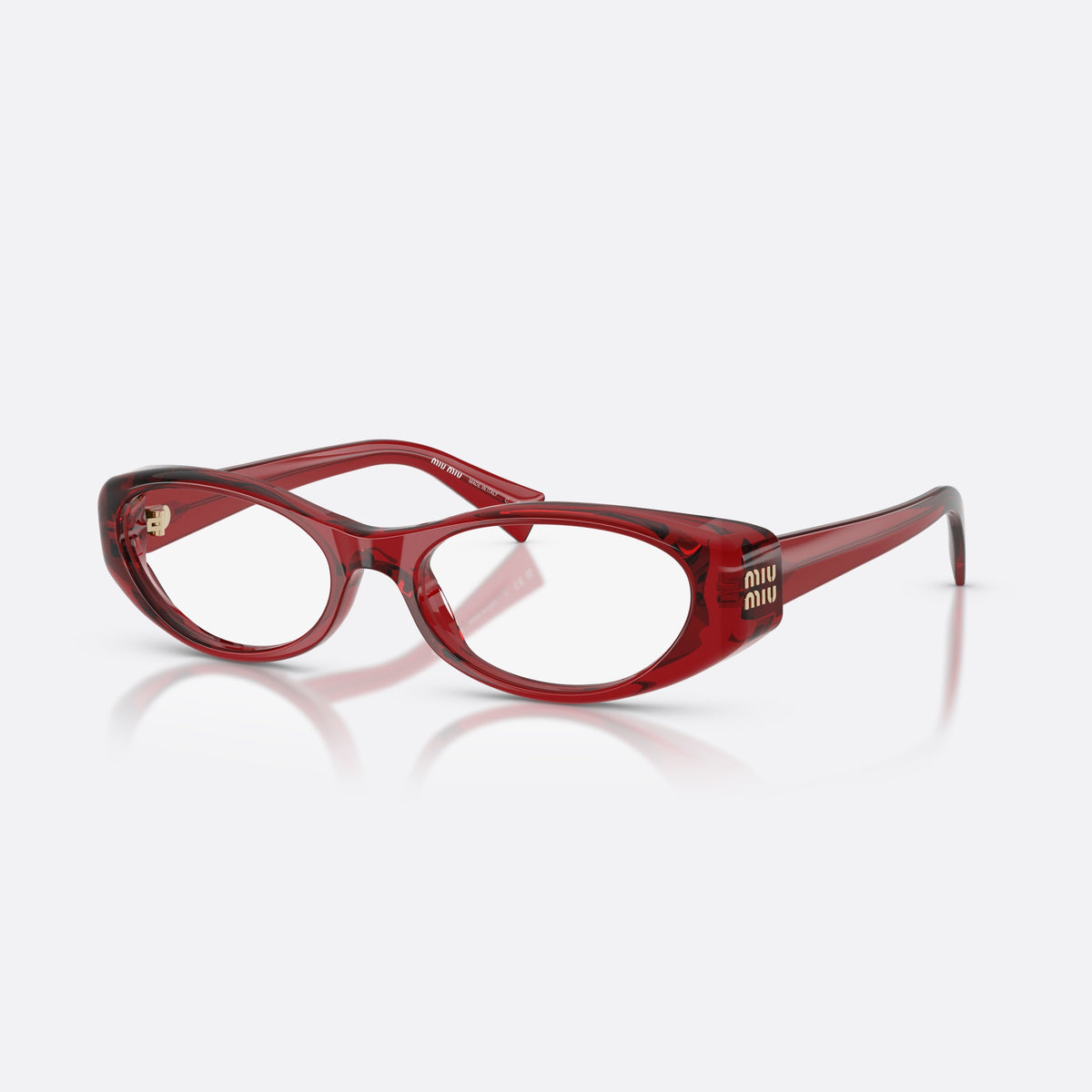 Miu Miu MU 03ZV 25M1O1 eyeglasses, red oval frame for women, plain bridge, brand lettering on temples, full-rim frame