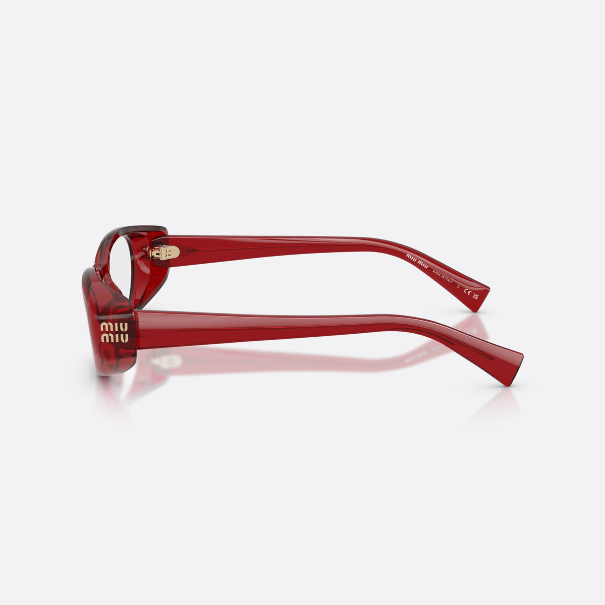 Miu Miu MU 03ZV 25M1O1 eyeglasses, red oval frame for women, plain bridge, brand lettering on temples, full-rim frame, side view