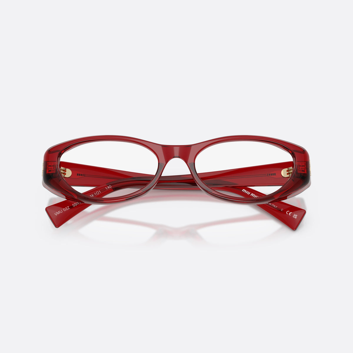 Miu Miu MU 03ZV 25M1O1 eyeglasses, red oval frame for women, plain bridge, brand lettering on temples, full-rim frame, folded