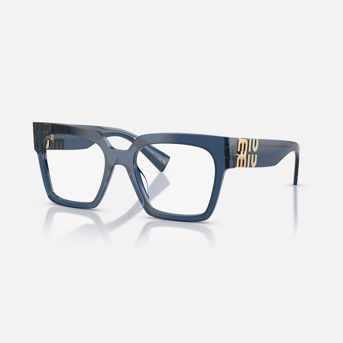 Miu Miu MU 04UV 08Q1O1 eyeglasses, blue square frame for women, plain bridge, integrated into front, wide tapered temples